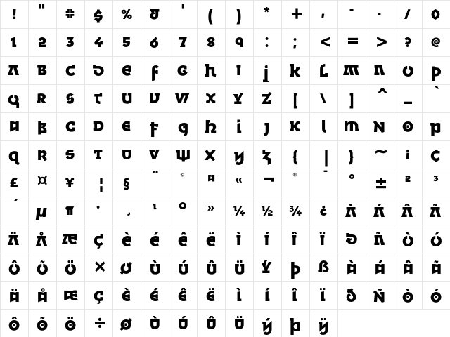 Minska ITC Bold  glyph index