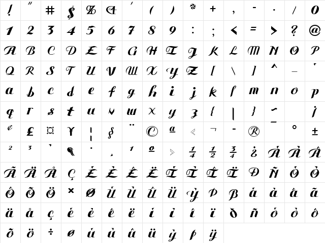 Bahia Regular  glyph index