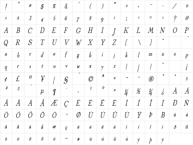 Olympus-Condensed Bold Italic  glyph index