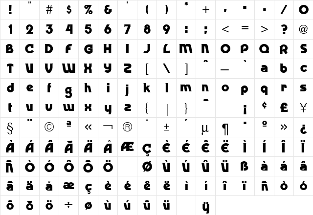 Dingaling Bold Regular  glyph index