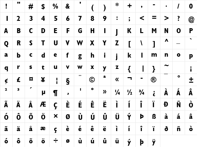 Gill Sans Condensed Bold  glyph index