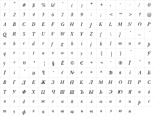 Baskerville Light Italic  glyph index