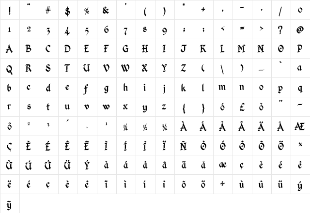 Kingthings Calligraphica Regular  glyph index