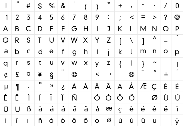 ParallaxGroteskLightSSK Regular  glyph index
