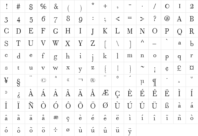 Bodoni Classic Text Light Regular  glyph index