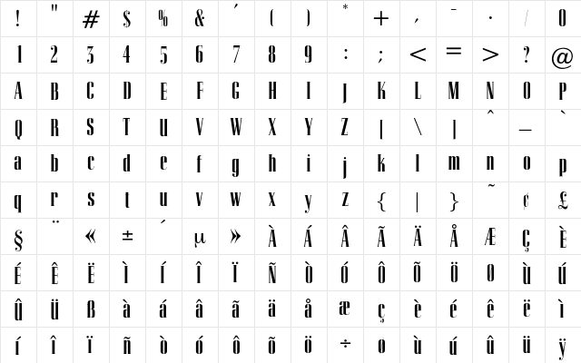 MercatorCondensed Regular  glyph index