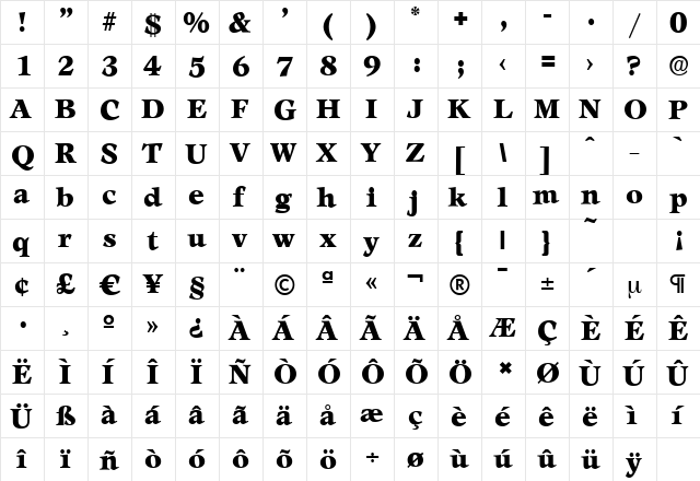 LeamingtonSerial-Black Regular  glyph index