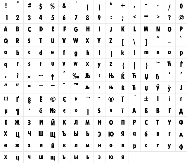 FuturisXCondC Regular  glyph index