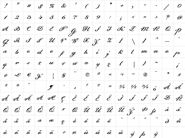 Dalliance Script Display Italic Regular  glyph index