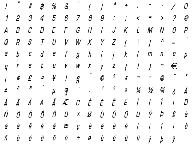 EurasiaThin BoldItalic  glyph index