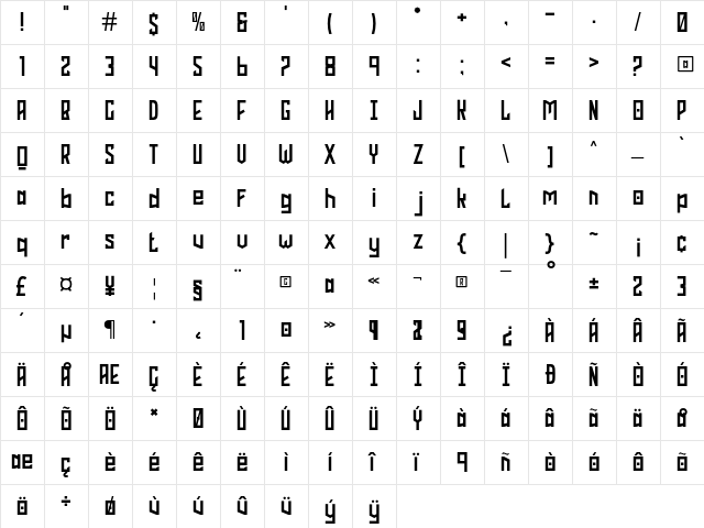 PHOENIX SQUAD Regular  glyph index