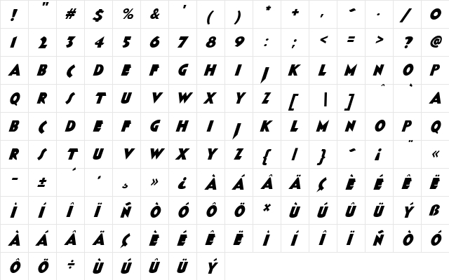 JMH ROCAMBOLE Extrabold Italic  glyph index