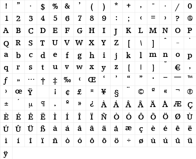 Accolade-Medium Regular  glyph index