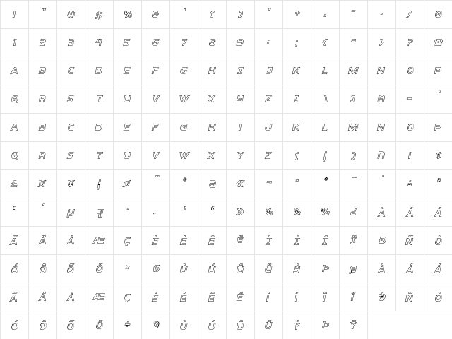 Inter-Bureau Outline Italic Outline Italic  glyph index