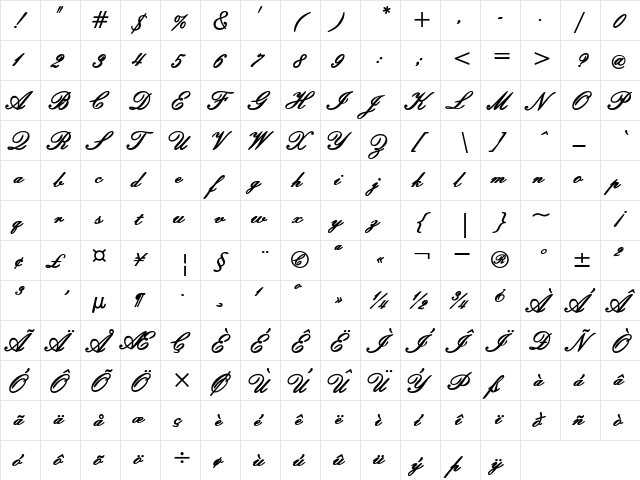 WindemereScriptSSK Bold  glyph index