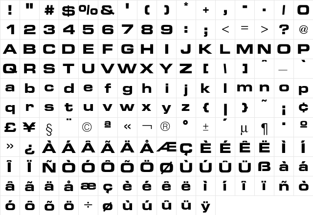 Euro TechnicExtBold  glyph index