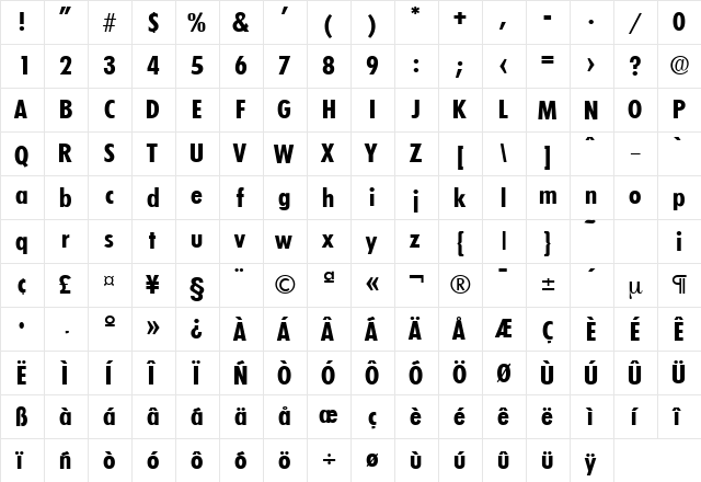 LimerickCond-Serial Bold  glyph index