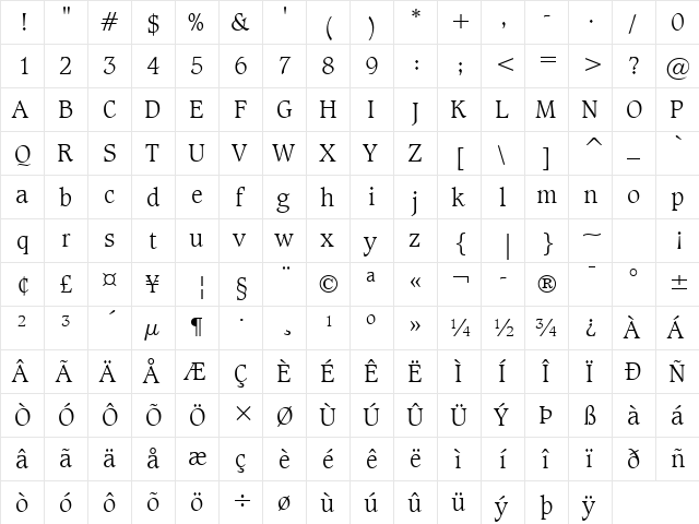 Caxton Light  glyph index