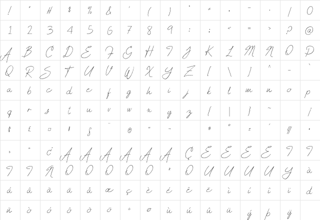 Andrea Script Thin  glyph index