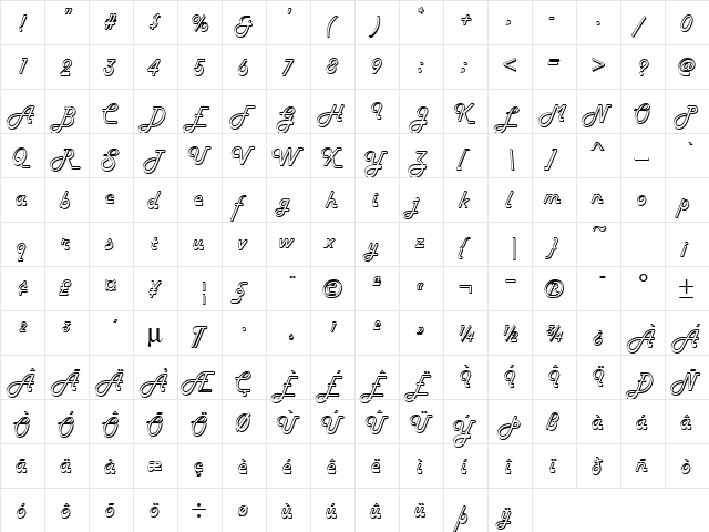 Harlow ICG Regular  glyph index