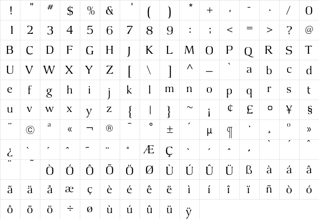 ArgusLight Regular  glyph index