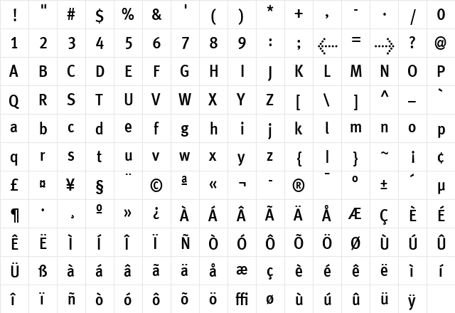 MetroMeta Medium  glyph index