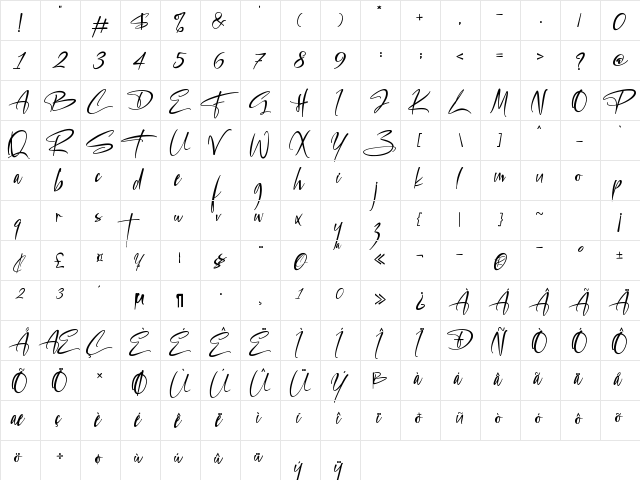 Backstreet Regular  glyph index