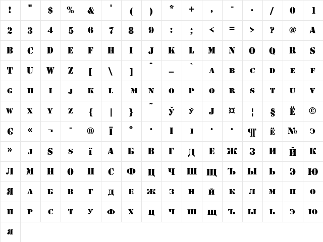 ShablonCTT Regular  glyph index