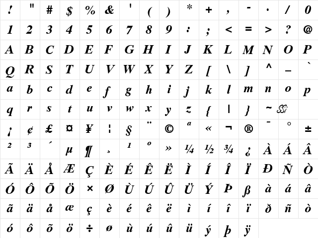 Greco Ten SSi Bold Italic  glyph index