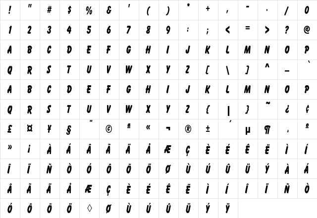 Cartoon Condensed Regular  glyph index