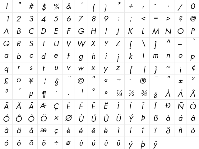 Futura Book Oblique  glyph index