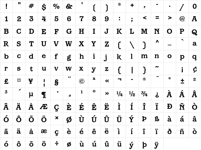 Barcelona ITC Std Bold  glyph index