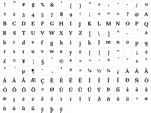 Kingfisher Bold  glyph index