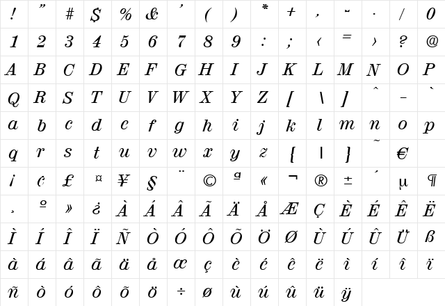 Valencia-MediumIta Regular  glyph index