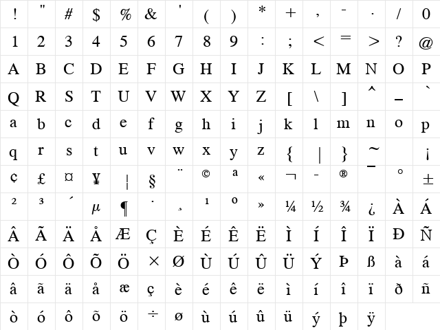 CG Times Regular  glyph index