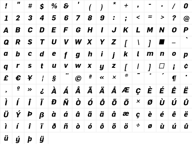 Flama Bold Italic  glyph index