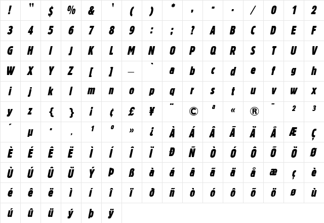Block Berthold Italic  glyph index