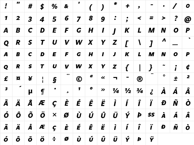 Legato SC Bold Italic  glyph index