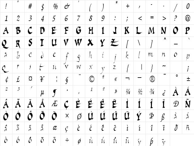 Script Bold  glyph index