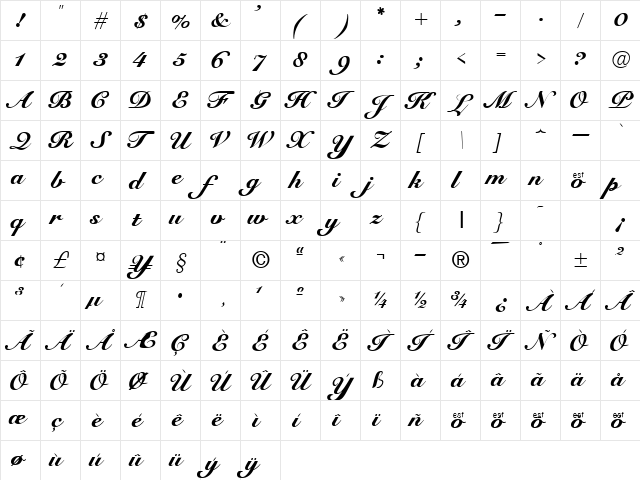 Cursive Elegant Regular  glyph index