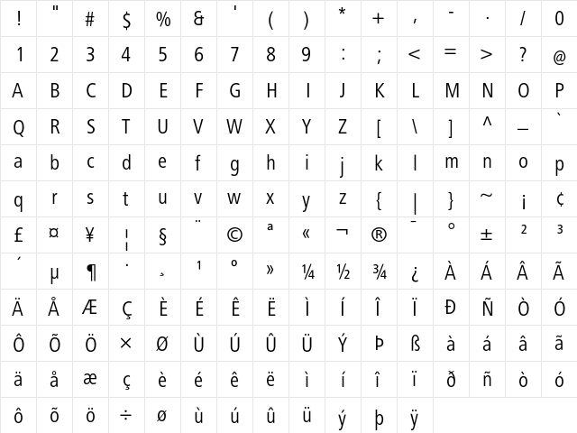 FrutigerNextLT Regular Cond  glyph index
