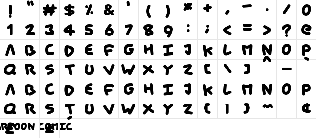 Cartoon Comic Regular  glyph index