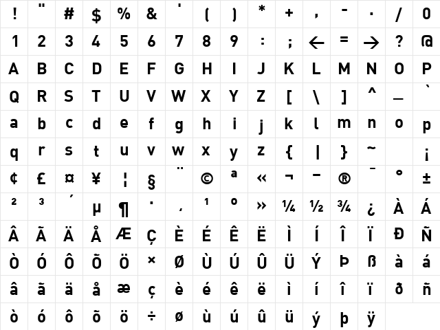 DIN Bold  glyph index