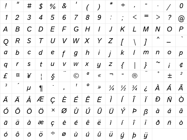 Istok Web Italic  glyph index
