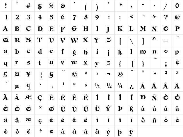 DeVinne LT Std Regular  glyph index