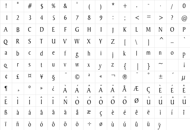 Barrett Condensed Normal  glyph index