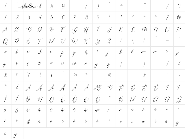 shelline Regular  glyph index