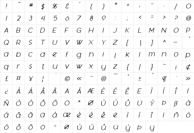 SF Orson Casual Light Oblique  glyph index