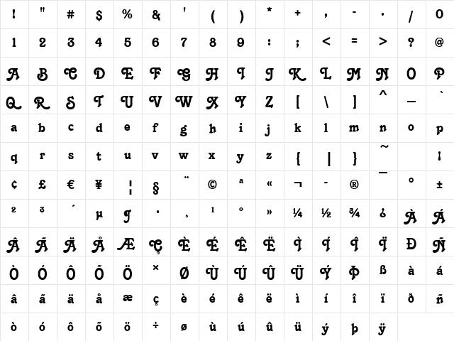 Tampa Regular  glyph index