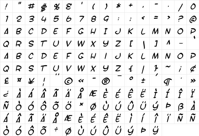SF Toontime B Italic  glyph index